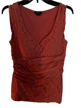 Vintage Y2K XOXO Lace & Ruched Waist V-Neck Tank Top - Coral/Salmon Pink, Size L